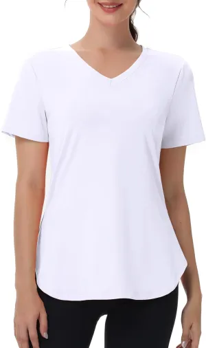 Womens Workout Tops Short Sleeve T Shirts Moisture Wicking Yoga Gym Running Hiking V Neck Athletic Tee
