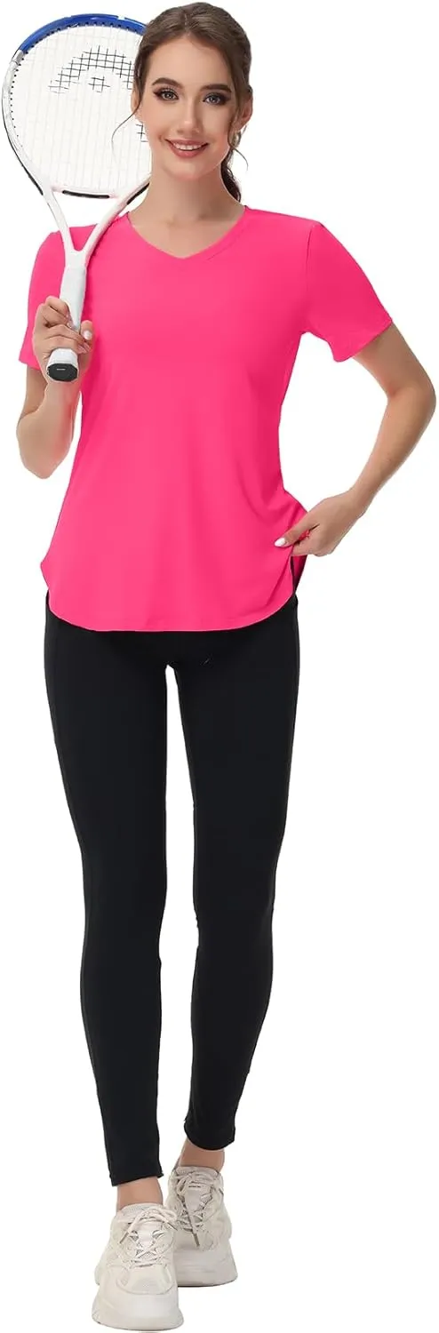 Womens Workout Tops Short Sleeve T Shirts Moisture Wicking Yoga Gym Running Hiking V Neck Athletic Tee