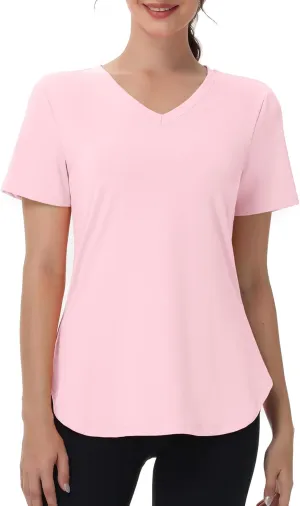 Womens Workout Tops Short Sleeve T Shirts Moisture Wicking Yoga Gym Running Hiking V Neck Athletic Tee