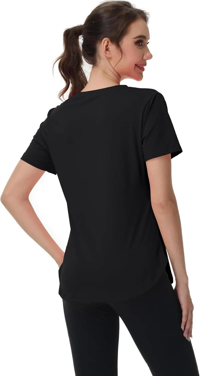 Womens Workout Tops Short Sleeve T Shirts Moisture Wicking Yoga Gym Running Hiking V Neck Athletic Tee