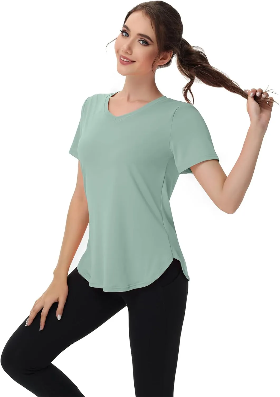 Womens Workout Tops Short Sleeve T Shirts Moisture Wicking Yoga Gym Running Hiking V Neck Athletic Tee
