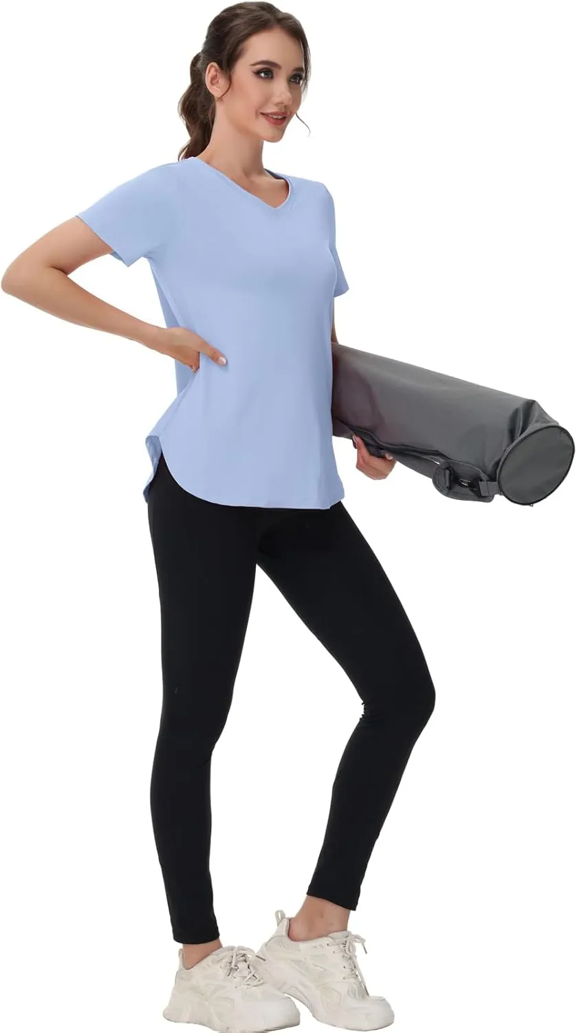 Womens Workout Tops Short Sleeve T Shirts Moisture Wicking Yoga Gym Running Hiking V Neck Athletic Tee