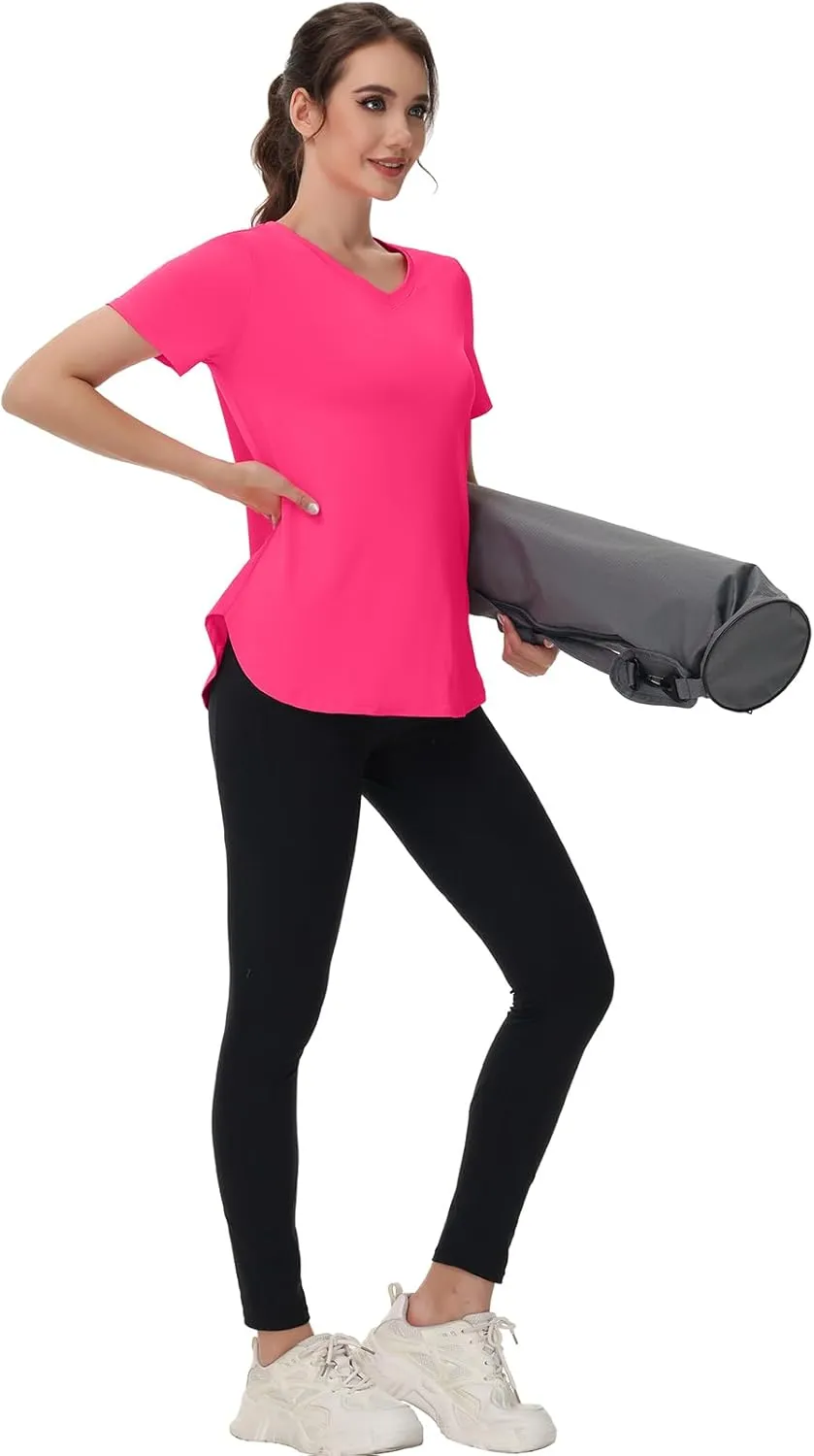 Womens Workout Tops Short Sleeve T Shirts Moisture Wicking Yoga Gym Running Hiking V Neck Athletic Tee