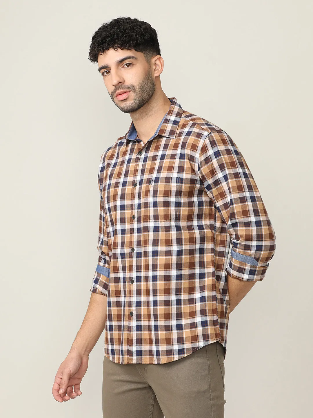 Wood Brown Oxford Checks Shirt With Pocket