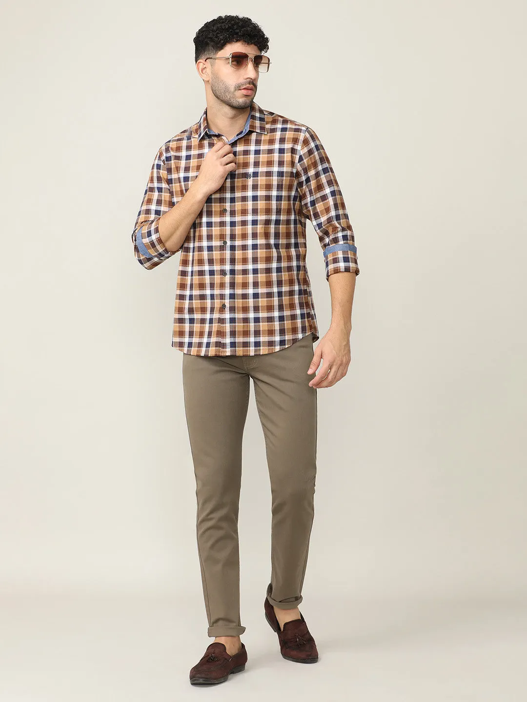 Wood Brown Oxford Checks Shirt With Pocket