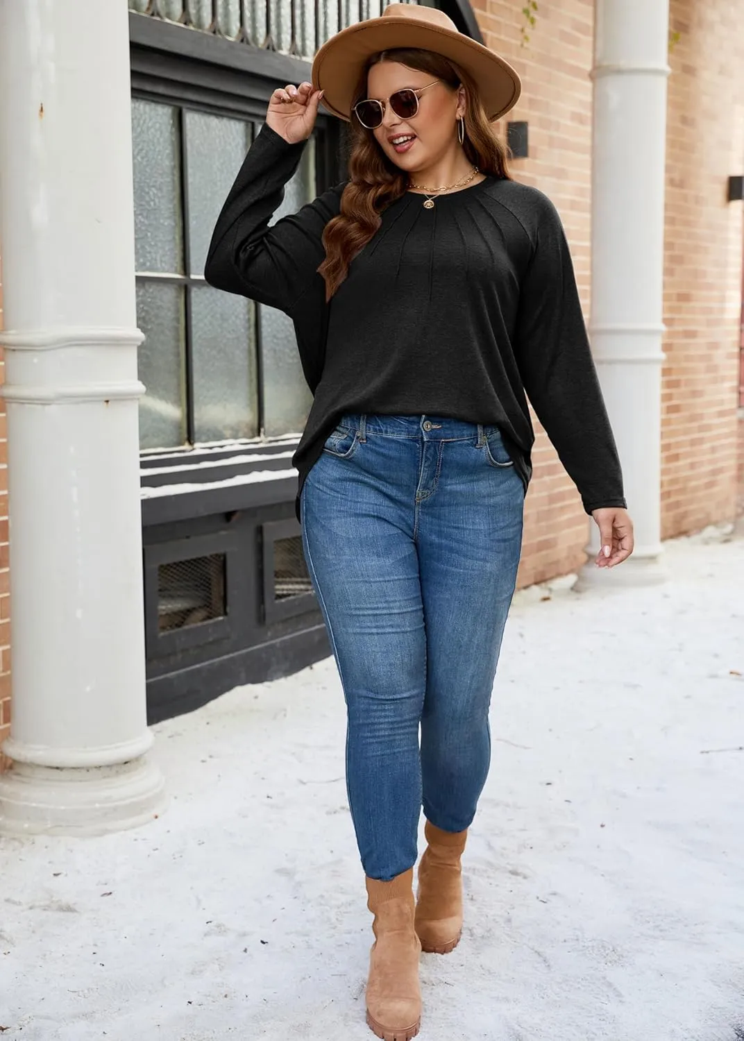 XAKALAKA Long Sleeve Shirts For Women Plus Size Crew Neck Pleated Tunic Tops Dressy Casual T Shirts Fall Clothes
