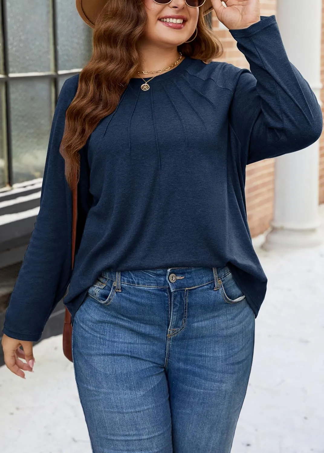 XAKALAKA Long Sleeve Shirts For Women Plus Size Crew Neck Pleated Tunic Tops Dressy Casual T Shirts Fall Clothes