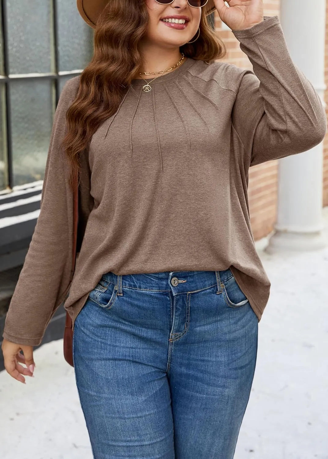 XAKALAKA Long Sleeve Shirts For Women Plus Size Crew Neck Pleated Tunic Tops Dressy Casual T Shirts Fall Clothes