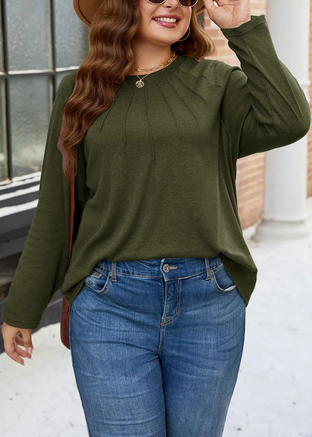 XAKALAKA Long Sleeve Shirts For Women Plus Size Crew Neck Pleated Tunic Tops Dressy Casual T Shirts Fall Clothes