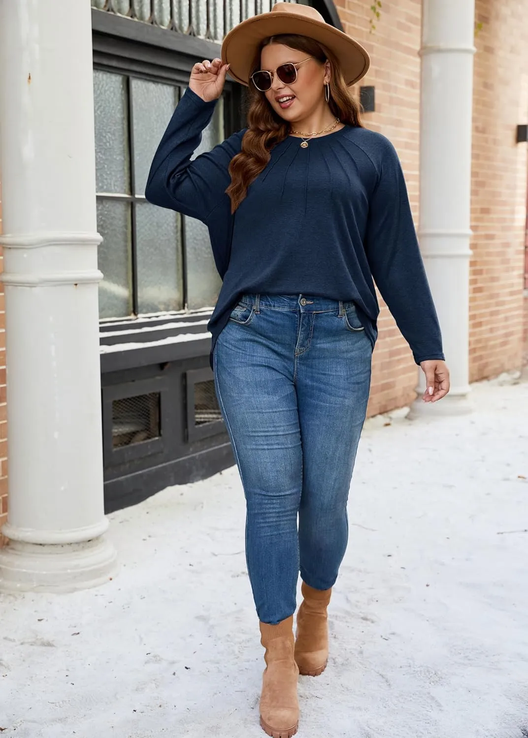 XAKALAKA Long Sleeve Shirts For Women Plus Size Crew Neck Pleated Tunic Tops Dressy Casual T Shirts Fall Clothes