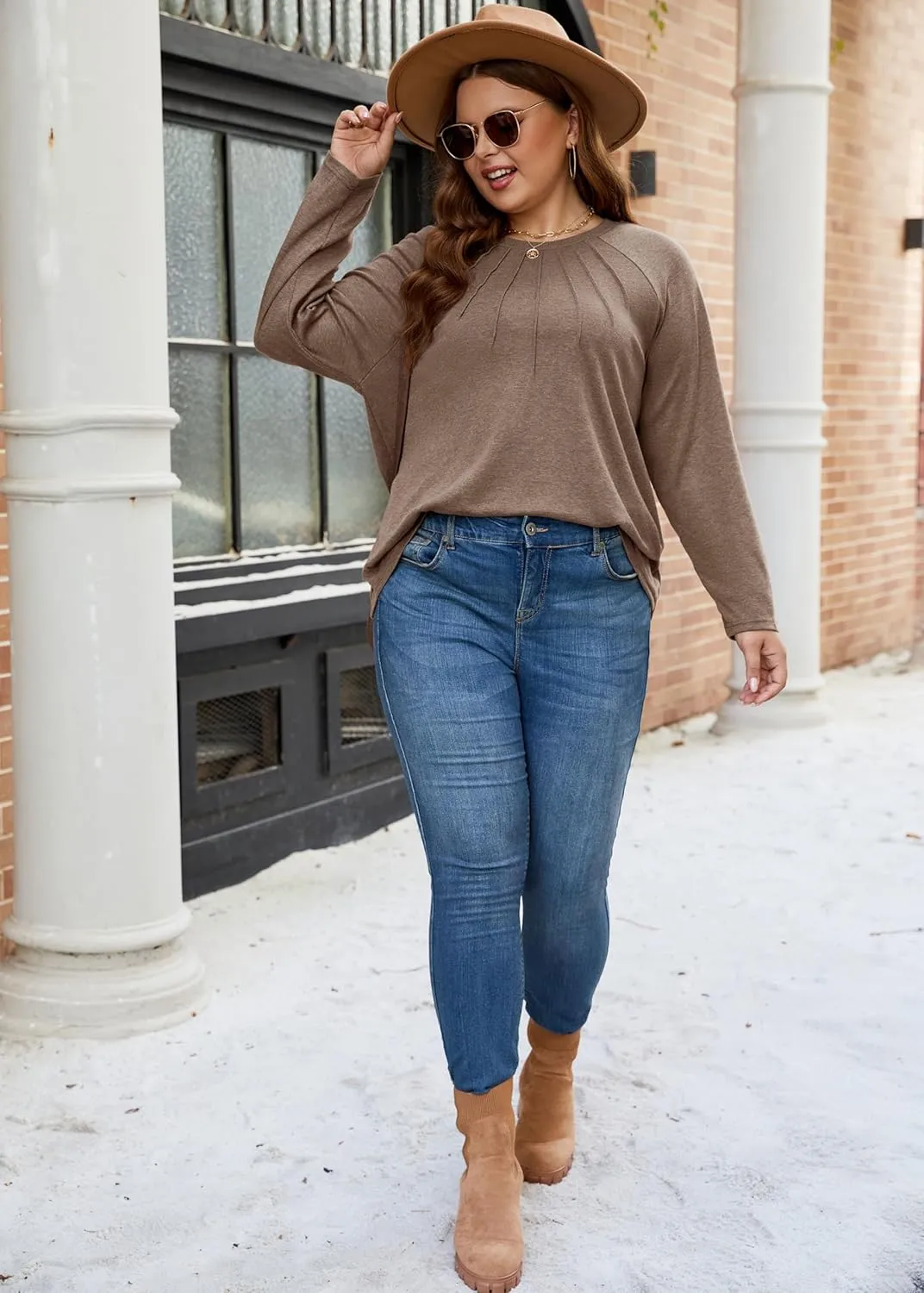 XAKALAKA Long Sleeve Shirts For Women Plus Size Crew Neck Pleated Tunic Tops Dressy Casual T Shirts Fall Clothes