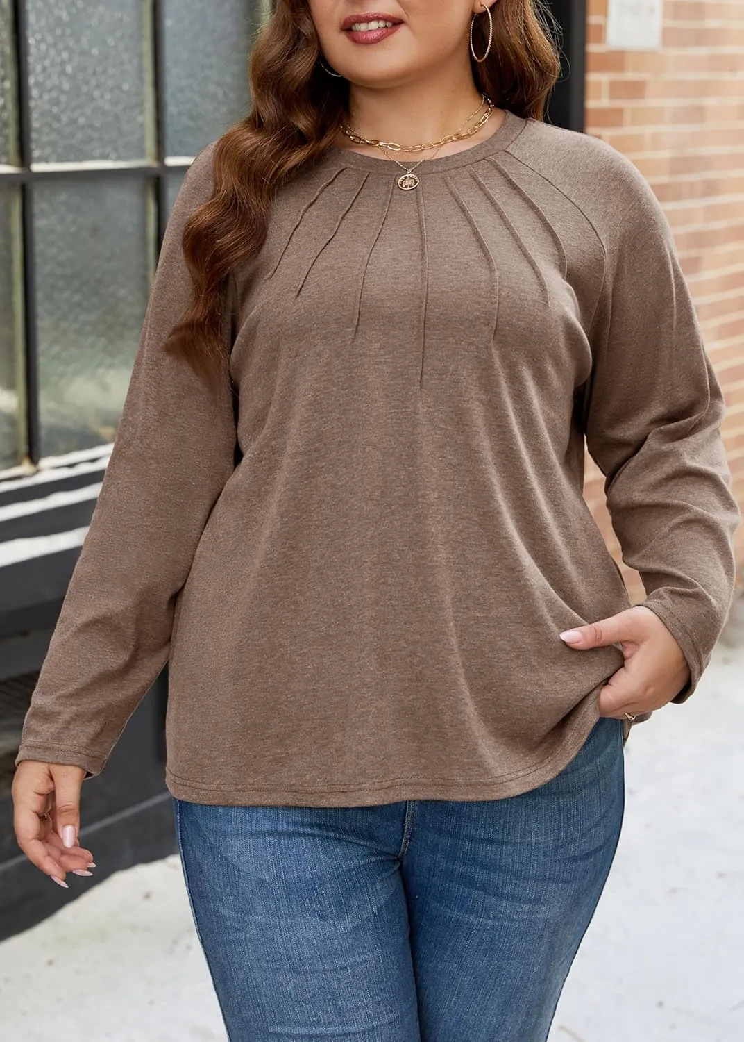 XAKALAKA Long Sleeve Shirts For Women Plus Size Crew Neck Pleated Tunic Tops Dressy Casual T Shirts Fall Clothes