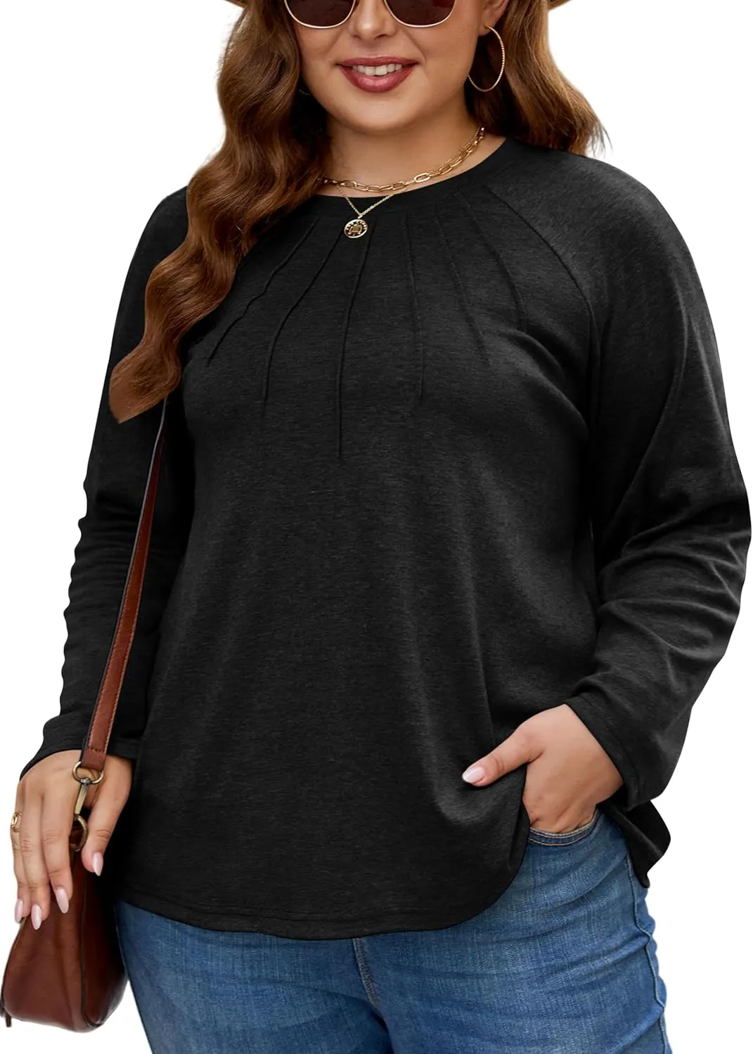 XAKALAKA Long Sleeve Shirts For Women Plus Size Crew Neck Pleated Tunic Tops Dressy Casual T Shirts Fall Clothes