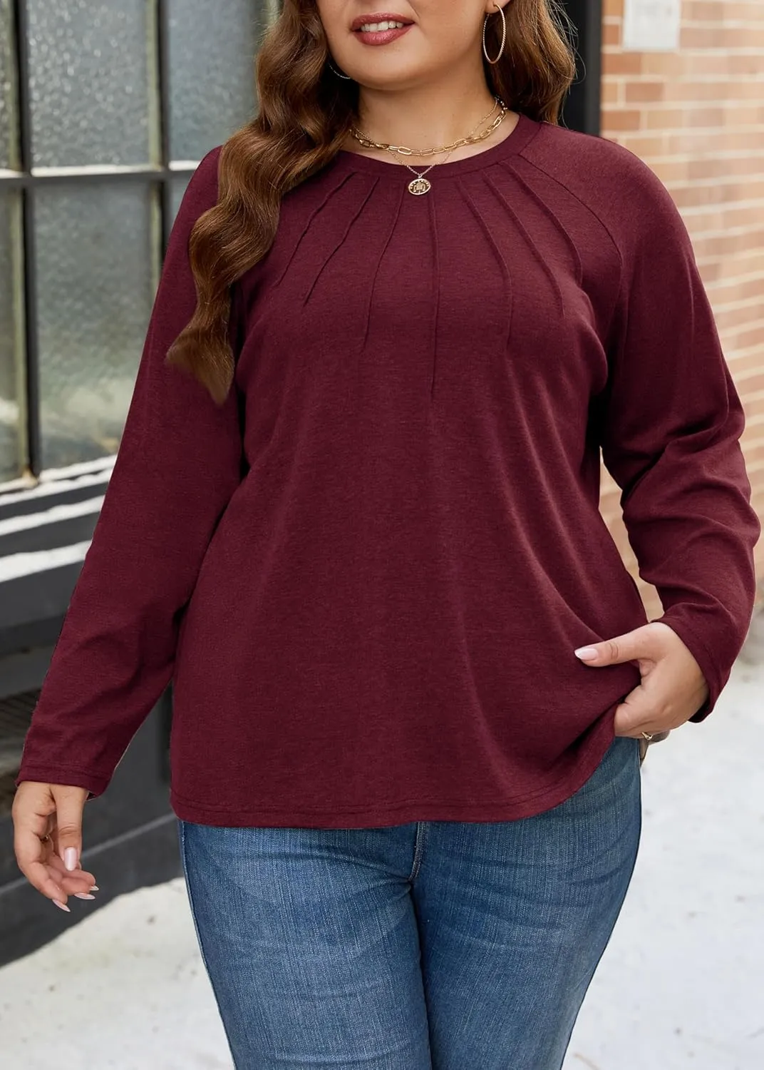 XAKALAKA Long Sleeve Shirts For Women Plus Size Crew Neck Pleated Tunic Tops Dressy Casual T Shirts Fall Clothes