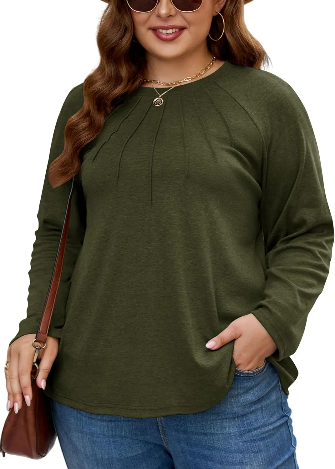 XAKALAKA Long Sleeve Shirts For Women Plus Size Crew Neck Pleated Tunic Tops Dressy Casual T Shirts Fall Clothes