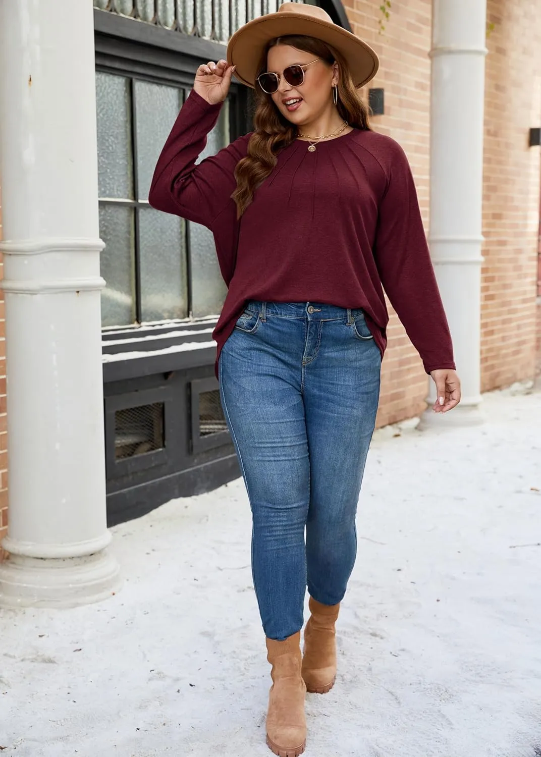 XAKALAKA Long Sleeve Shirts For Women Plus Size Crew Neck Pleated Tunic Tops Dressy Casual T Shirts Fall Clothes