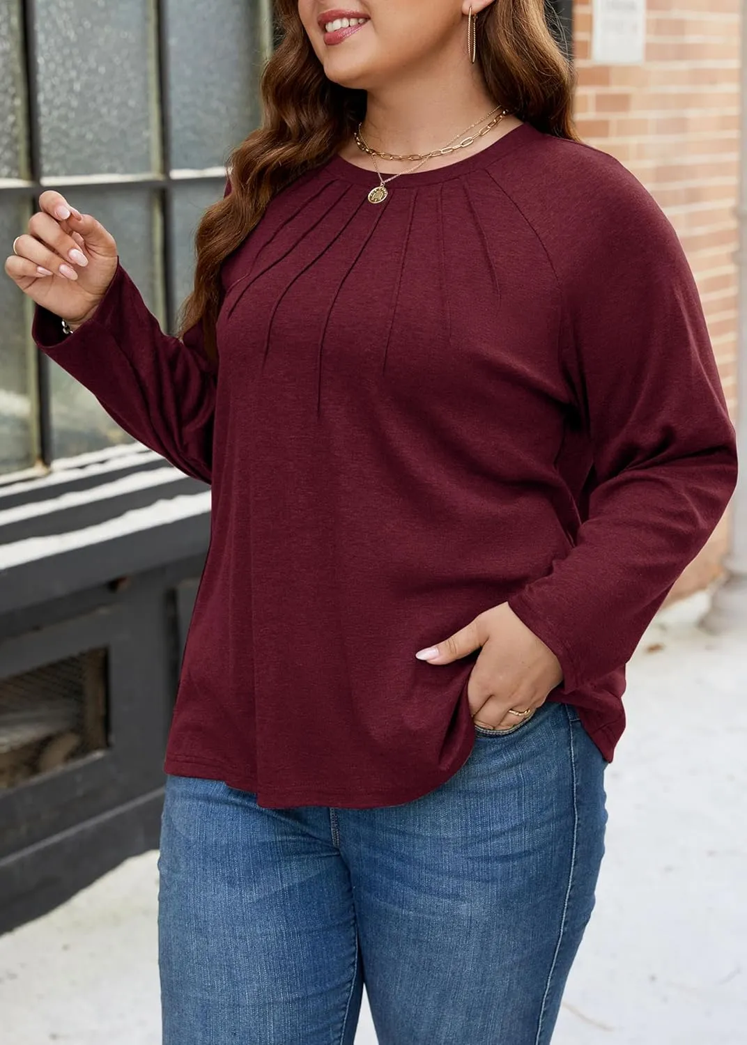 XAKALAKA Long Sleeve Shirts For Women Plus Size Crew Neck Pleated Tunic Tops Dressy Casual T Shirts Fall Clothes
