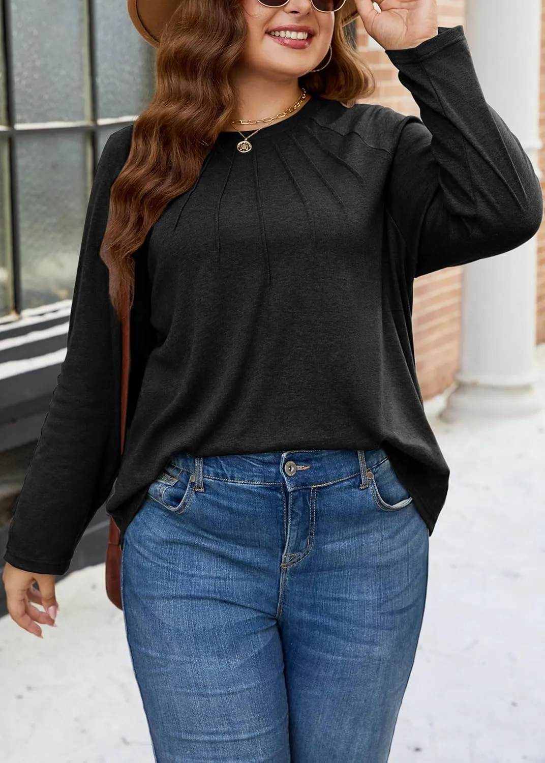 XAKALAKA Long Sleeve Shirts For Women Plus Size Crew Neck Pleated Tunic Tops Dressy Casual T Shirts Fall Clothes