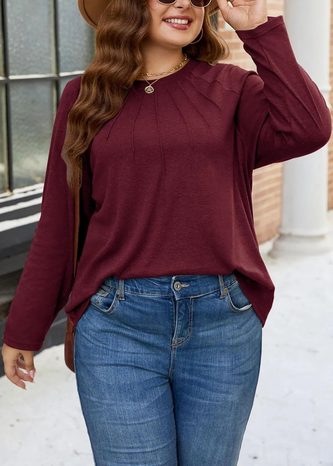XAKALAKA Long Sleeve Shirts For Women Plus Size Crew Neck Pleated Tunic Tops Dressy Casual T Shirts Fall Clothes