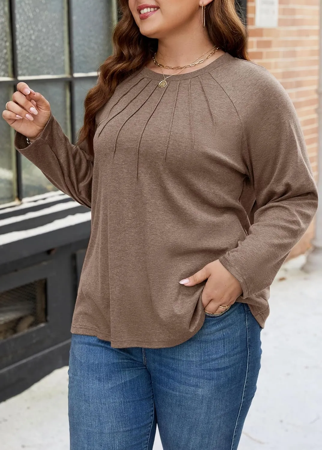 XAKALAKA Long Sleeve Shirts For Women Plus Size Crew Neck Pleated Tunic Tops Dressy Casual T Shirts Fall Clothes