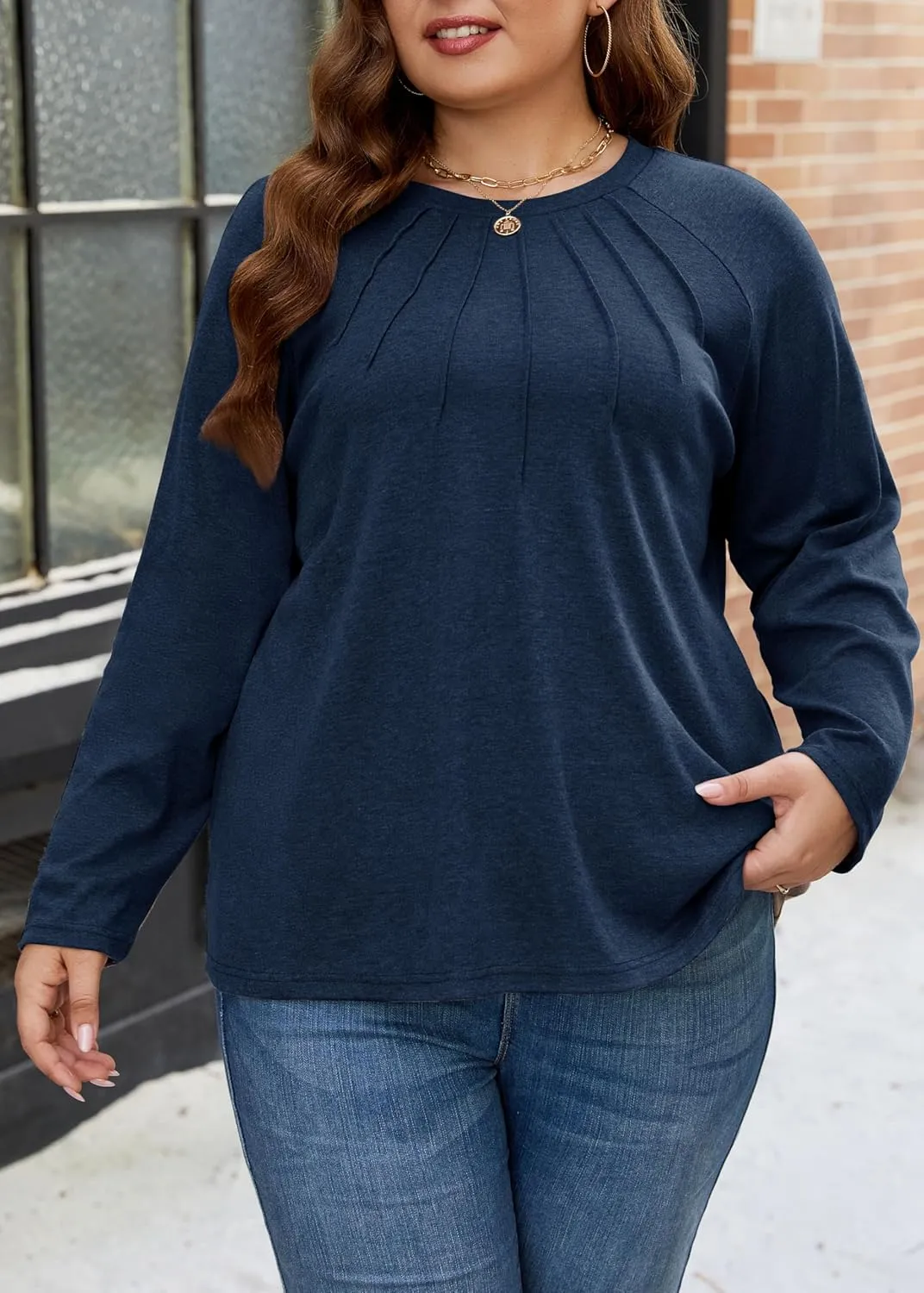 XAKALAKA Long Sleeve Shirts For Women Plus Size Crew Neck Pleated Tunic Tops Dressy Casual T Shirts Fall Clothes