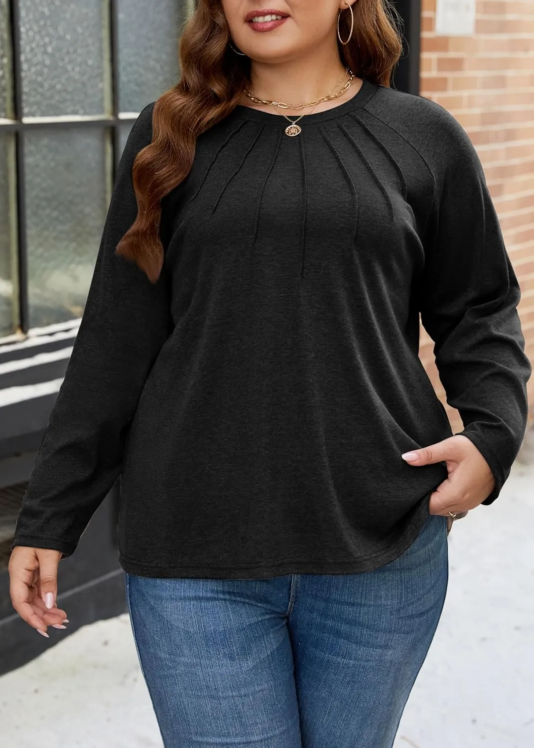 XAKALAKA Long Sleeve Shirts For Women Plus Size Crew Neck Pleated Tunic Tops Dressy Casual T Shirts Fall Clothes