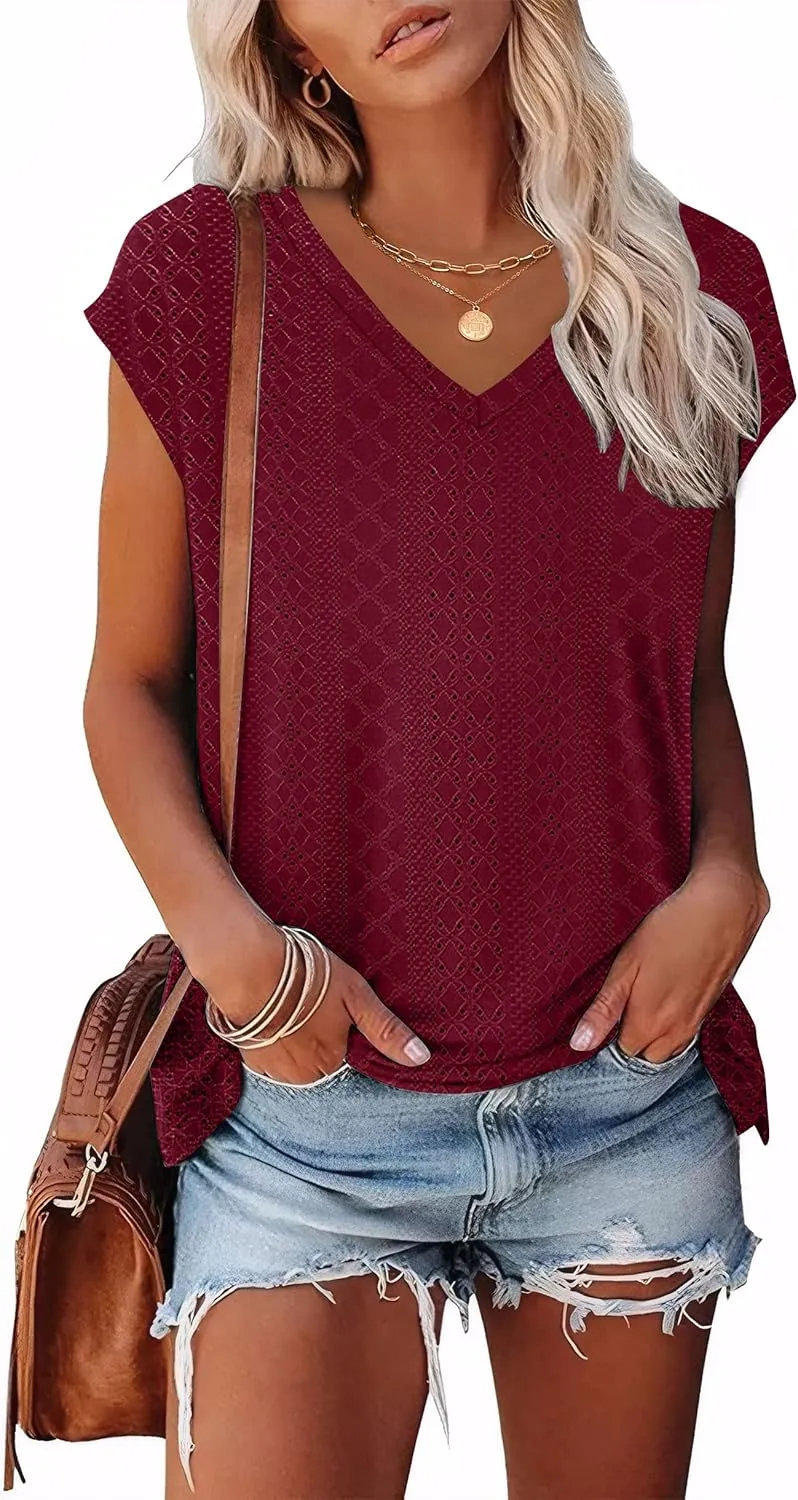 XIEERDUO Womens Tops V Neck Cap Sleeve Loose Fit Tee Shirts Summer Spring 2025 Eyelet/Printed