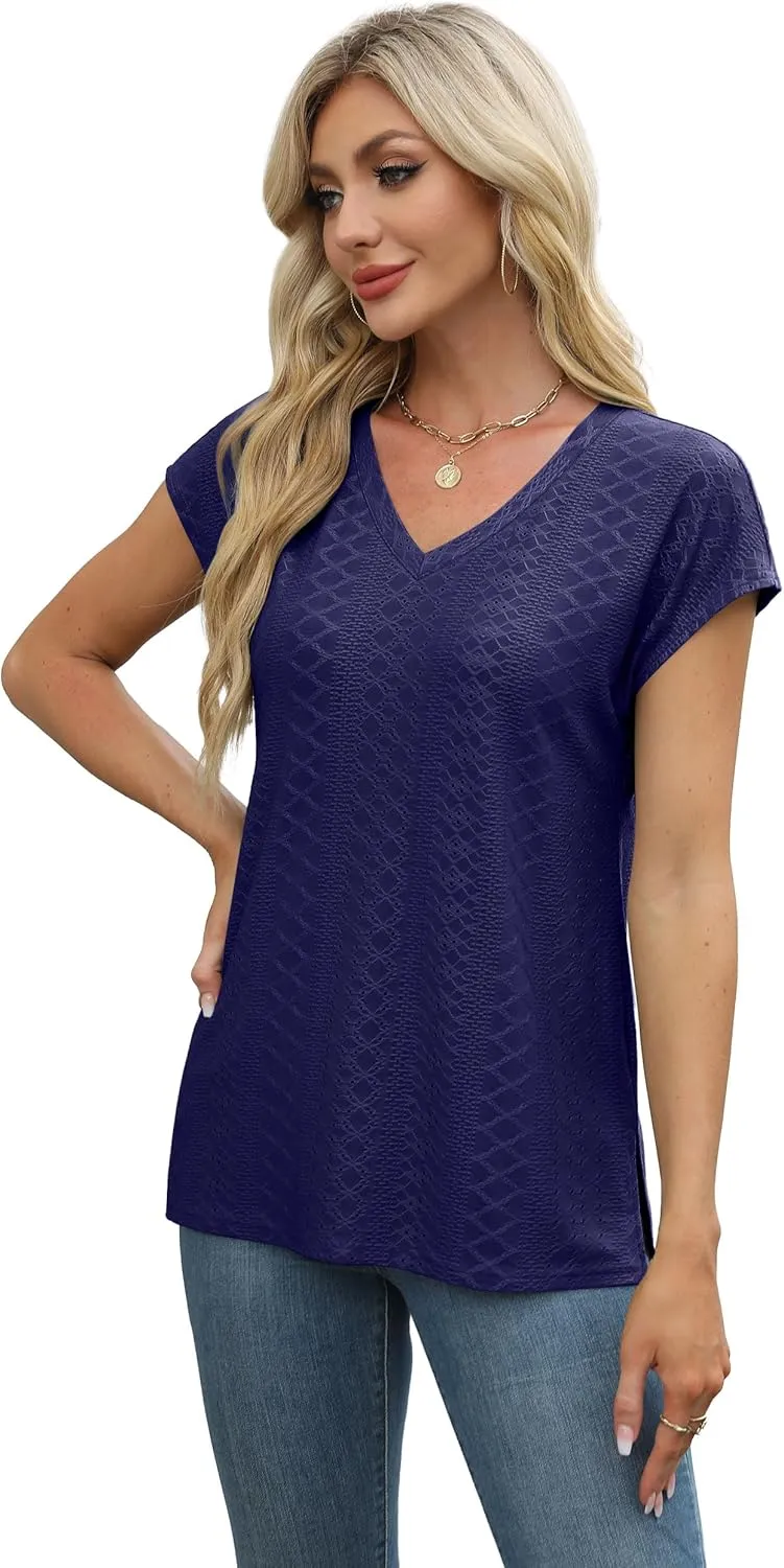 XIEERDUO Womens Tops V Neck Cap Sleeve Loose Fit Tee Shirts Summer Spring 2025 Eyelet/Printed