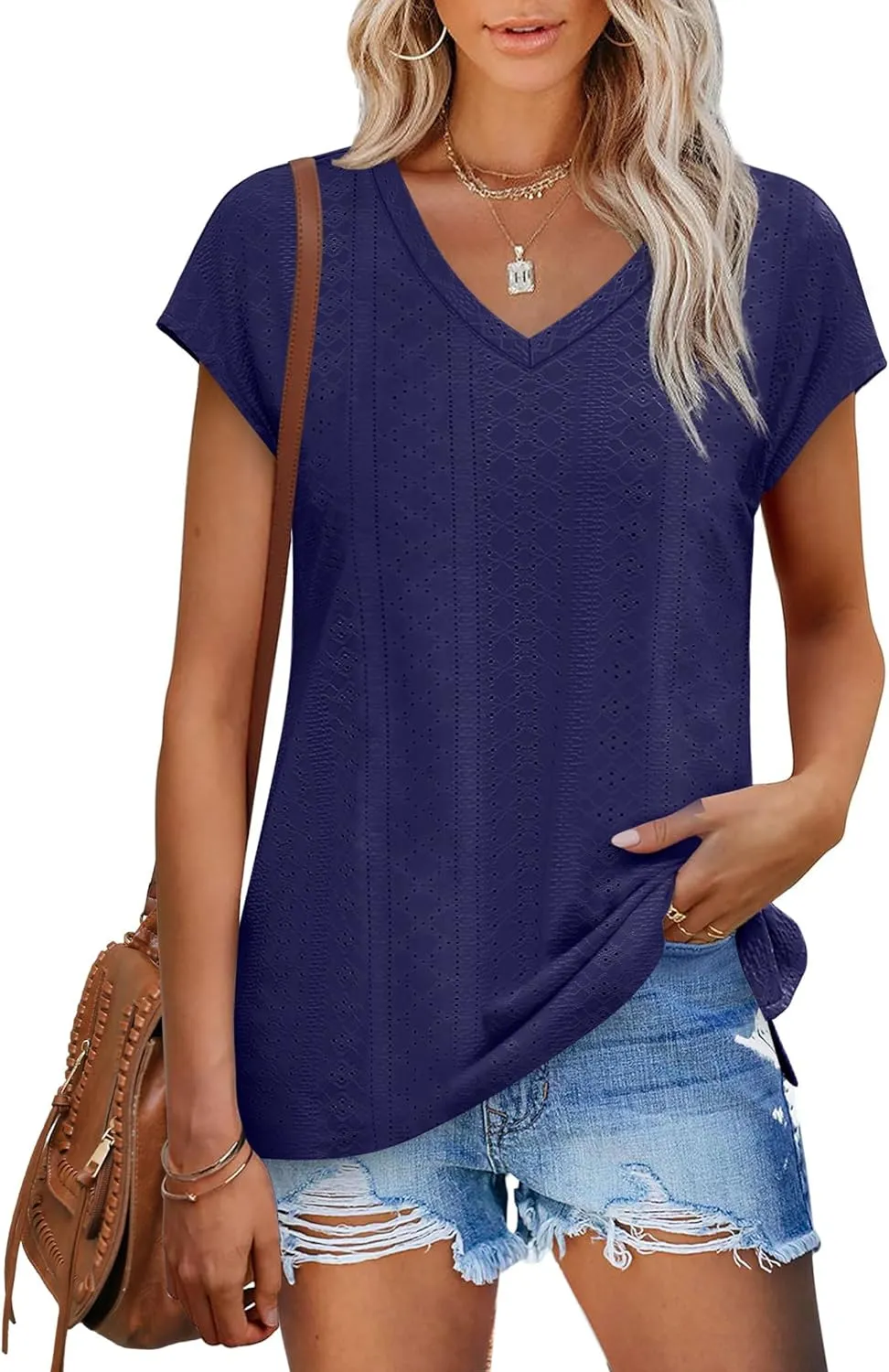 XIEERDUO Womens Tops V Neck Cap Sleeve Loose Fit Tee Shirts Summer Spring 2025 Eyelet/Printed