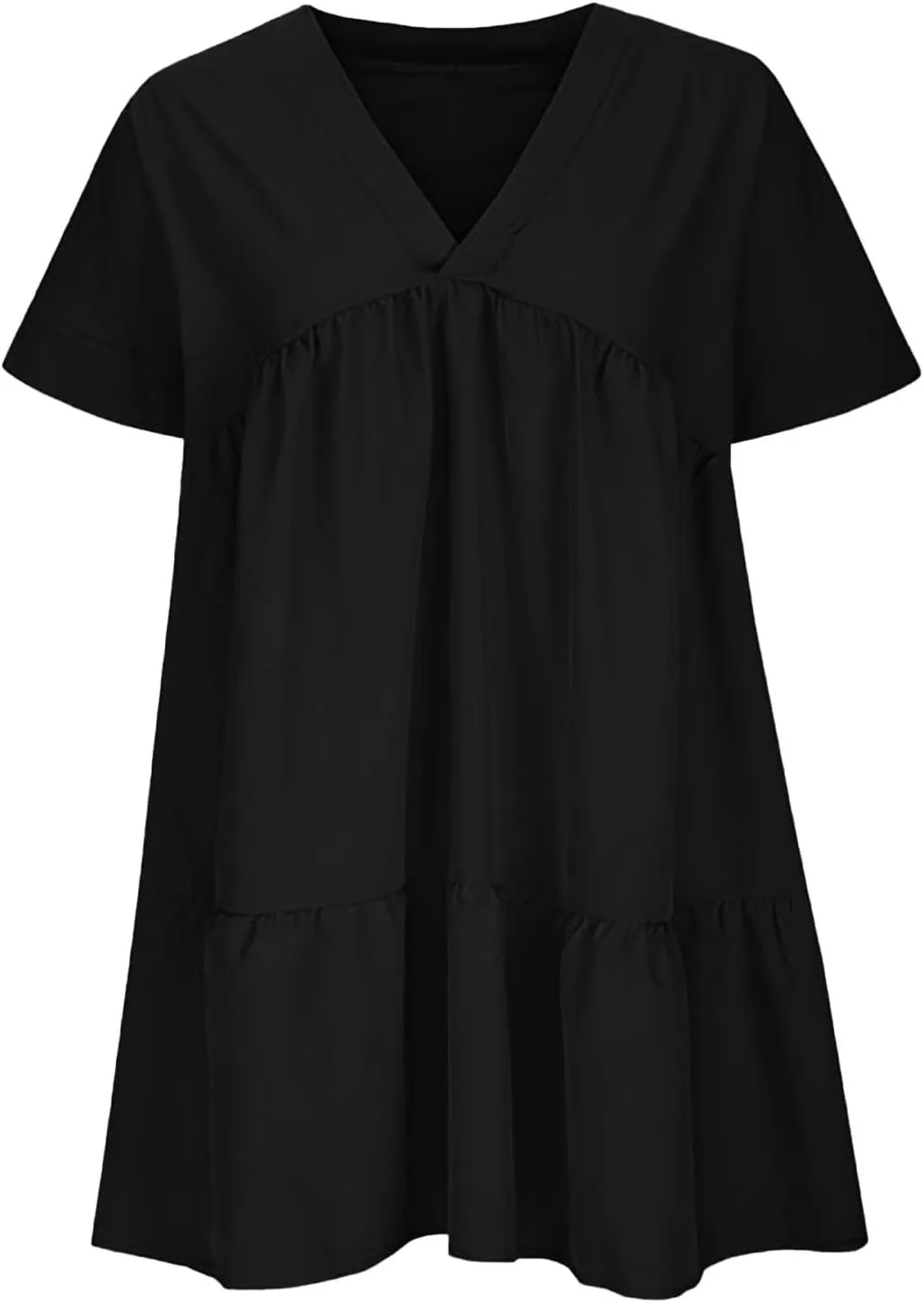 XOWRTE Womens Summer Dress V Neck Short Sleeve Ruffle Hem Tiered Flowy Swing Midi Dresses 2025 Trendy Smock Beach Sundress