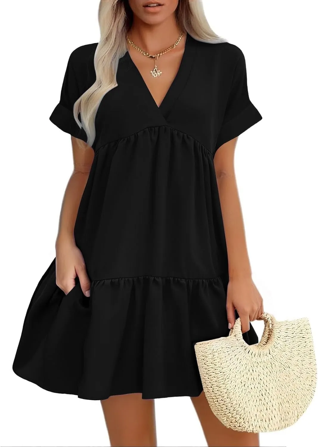 XOWRTE Womens Summer Dress V Neck Short Sleeve Ruffle Hem Tiered Flowy Swing Midi Dresses 2025 Trendy Smock Beach Sundress