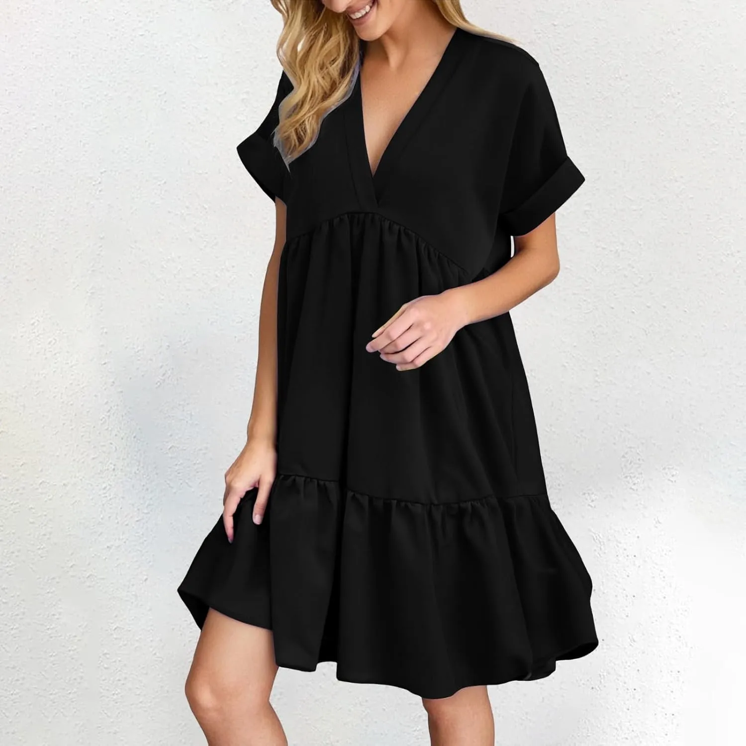XOWRTE Womens Summer Dress V Neck Short Sleeve Ruffle Hem Tiered Flowy Swing Midi Dresses 2025 Trendy Smock Beach Sundress