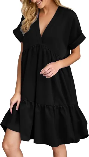 XOWRTE Womens Summer Dress V Neck Short Sleeve Ruffle Hem Tiered Flowy Swing Midi Dresses 2025 Trendy Smock Beach Sundress