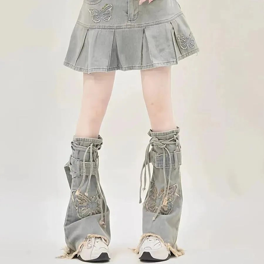 Y2K Style Butterfly Washed Denim Leg Warmers | Y2K Outfits