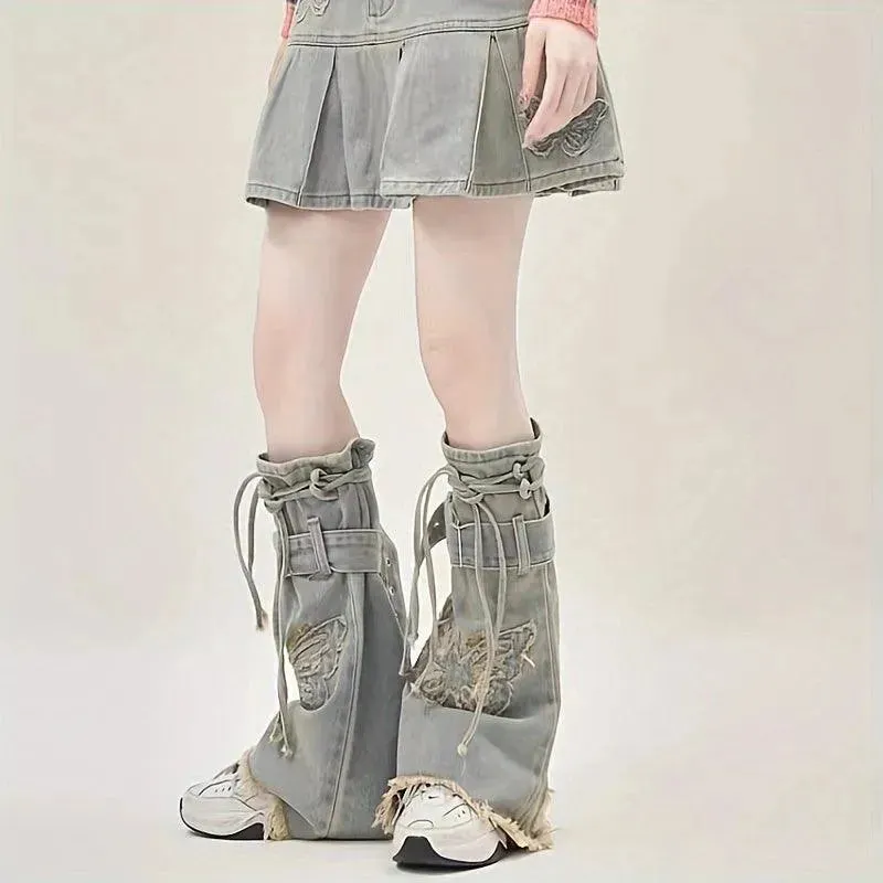 Y2K Style Butterfly Washed Denim Leg Warmers | Y2K Outfits