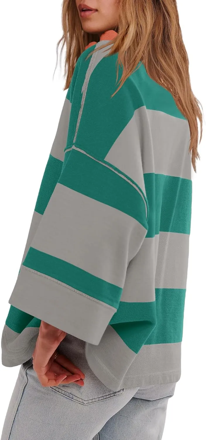 Yanekop Womens Oversized Striped Shirt Half Zip Sweatshirt Color Block V Neck Top Casual Loose Pullover Y2k