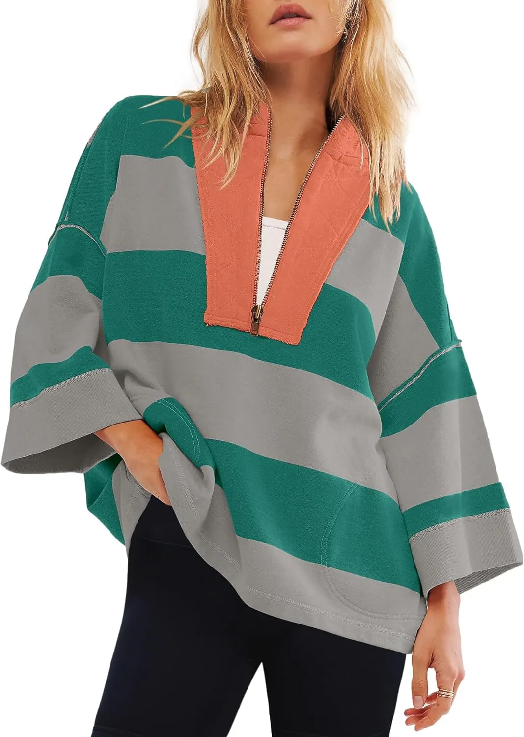 Yanekop Womens Oversized Striped Shirt Half Zip Sweatshirt Color Block V Neck Top Casual Loose Pullover Y2k