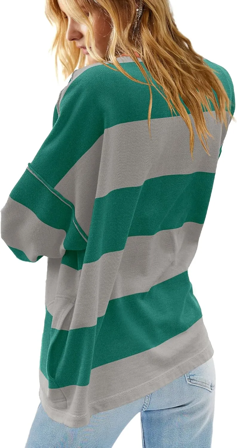 Yanekop Womens Oversized Striped Shirt Half Zip Sweatshirt Color Block V Neck Top Casual Loose Pullover Y2k