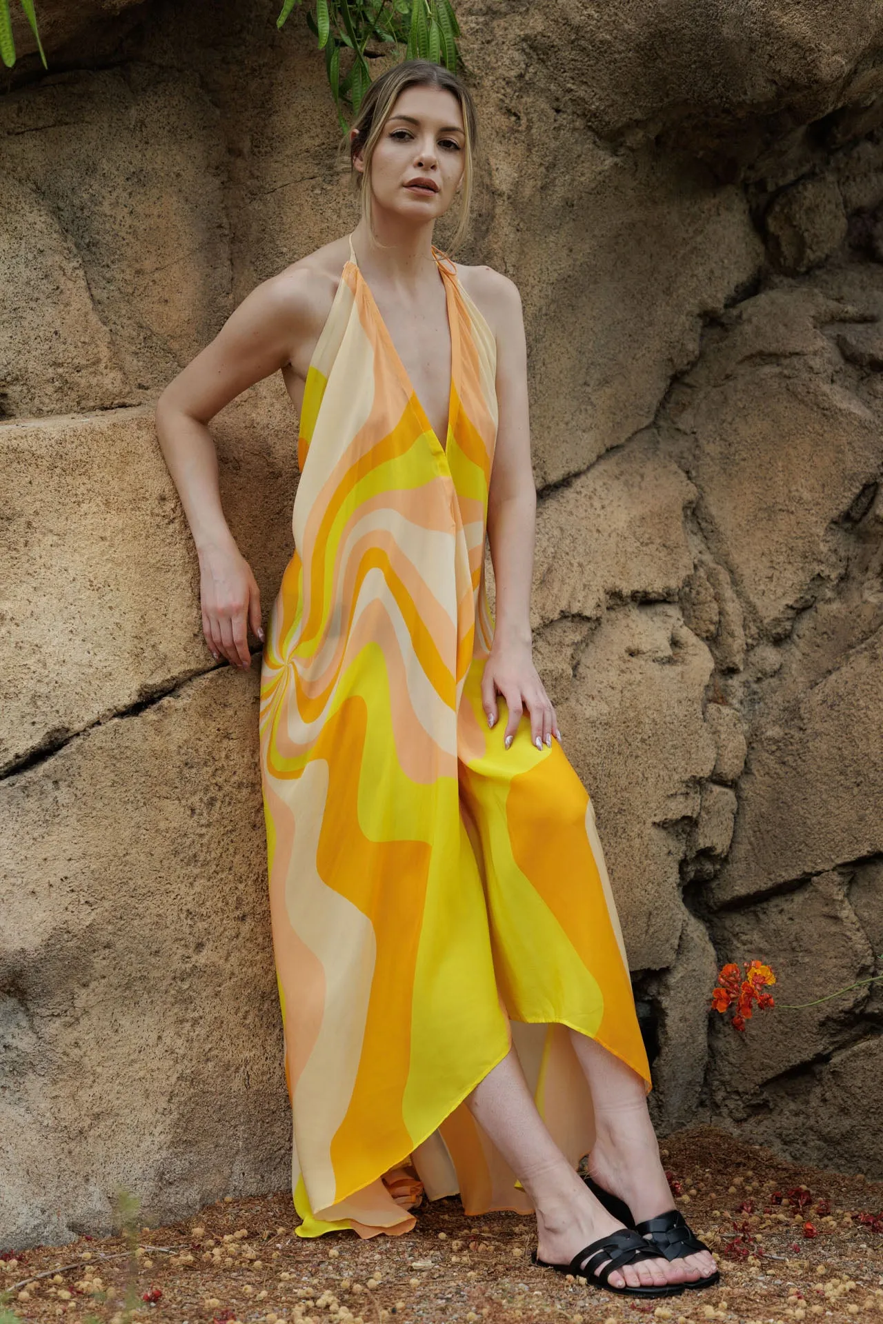 Yellow Stripe Print Long Dress