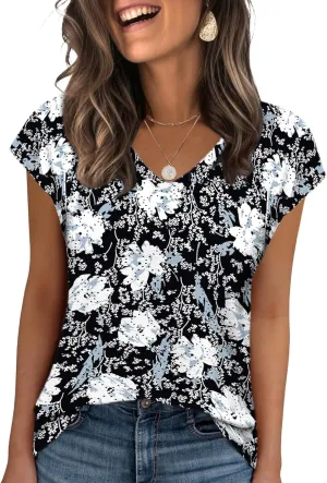 Zeagoo 2025 Women's Tank Top V Neck Eyelet T Shirts Cap Sleeve Tops Loose Fit Blouses Dressy Casual Summer Basic Shirts