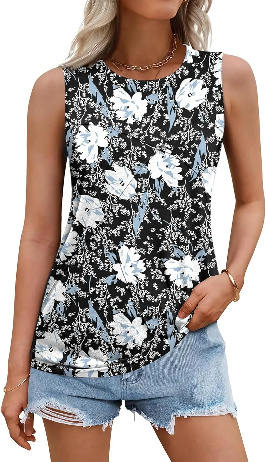 Zeagoo Beach Vacation Clothes for Women Pleated High Neck Flowy Sleeveless Tank Tops Summer Loose Fit Tunic Blouses