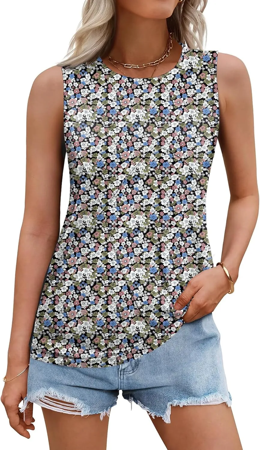 Zeagoo Beach Vacation Clothes for Women Pleated High Neck Flowy Sleeveless Tank Tops Summer Loose Fit Tunic Blouses