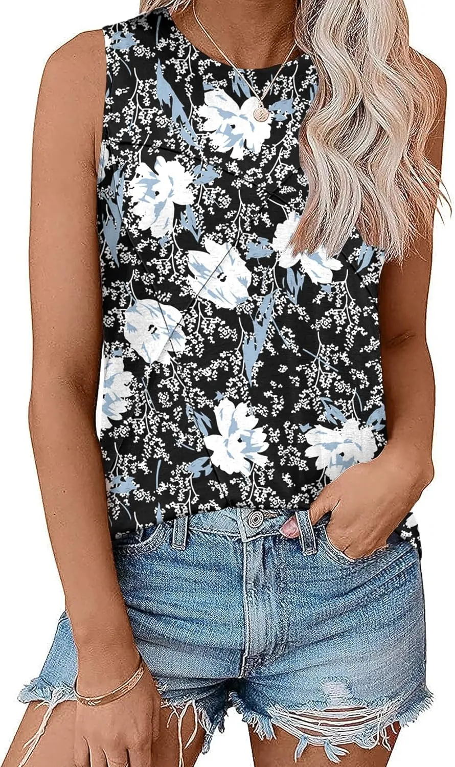 Zeagoo Beach Vacation Clothes for Women Pleated High Neck Flowy Sleeveless Tank Tops Summer Loose Fit Tunic Blouses