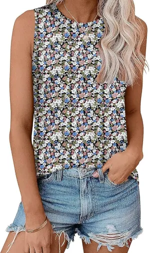 Zeagoo Beach Vacation Clothes for Women Pleated High Neck Flowy Sleeveless Tank Tops Summer Loose Fit Tunic Blouses