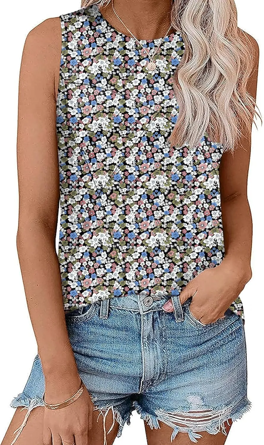 Zeagoo Beach Vacation Clothes for Women Pleated High Neck Flowy Sleeveless Tank Tops Summer Loose Fit Tunic Blouses