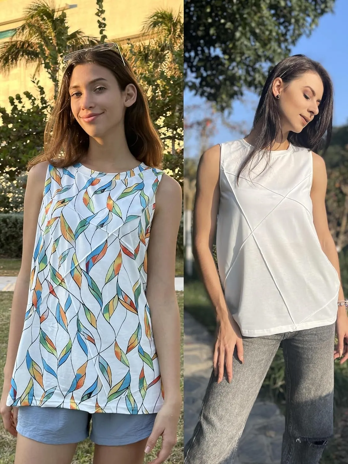 Zeagoo Beach Vacation Clothes for Women Pleated High Neck Flowy Sleeveless Tank Tops Summer Loose Fit Tunic Blouses