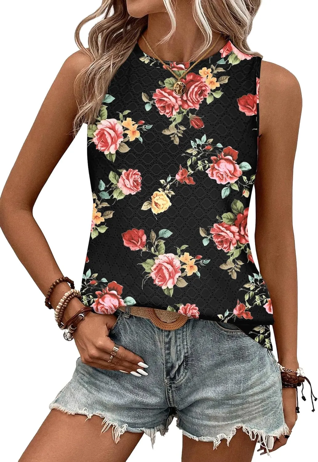 Zeagoo Tank Tops for Women Sleeveless Eyelet Shirts High Neck Cute Summer Top Loose Fit S-XXL