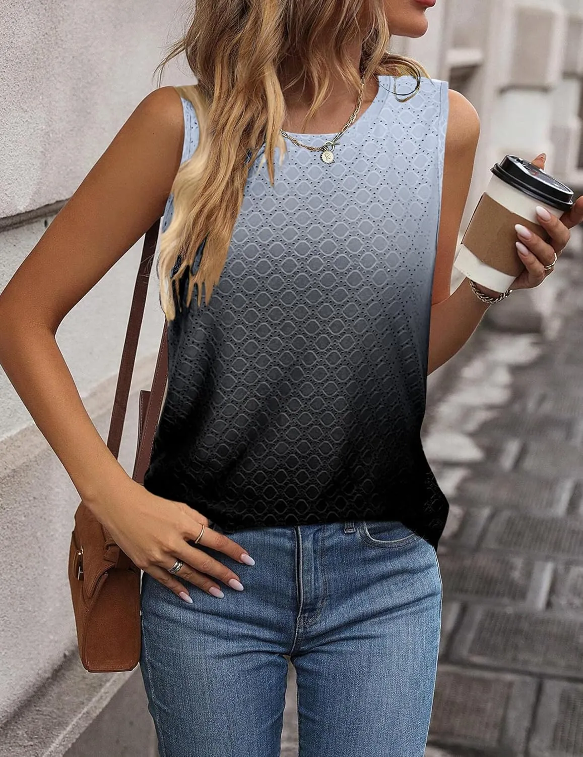 Zeagoo Tank Tops for Women Sleeveless Eyelet Shirts High Neck Cute Summer Top Loose Fit S-XXL