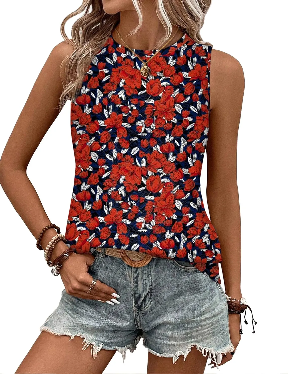 Zeagoo Tank Tops for Women Sleeveless Eyelet Shirts High Neck Cute Summer Top Loose Fit S-XXL