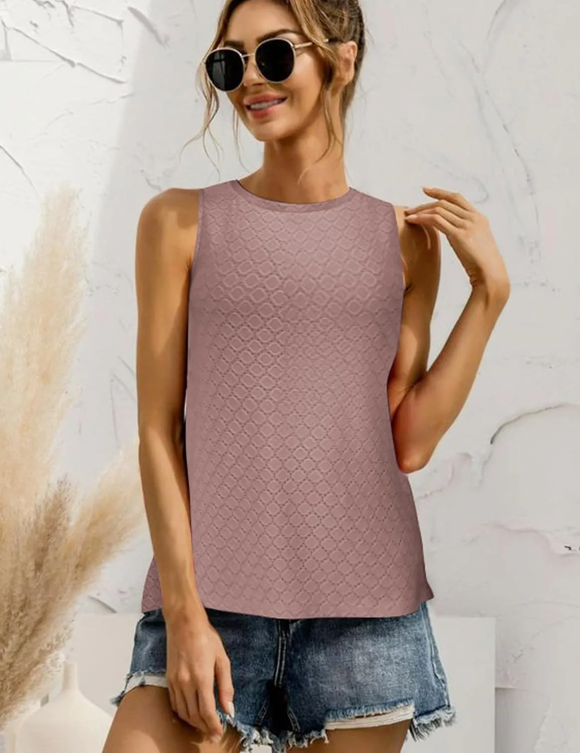 Zeagoo Tank Tops for Women Sleeveless Eyelet Shirts High Neck Cute Summer Top Loose Fit S-XXL